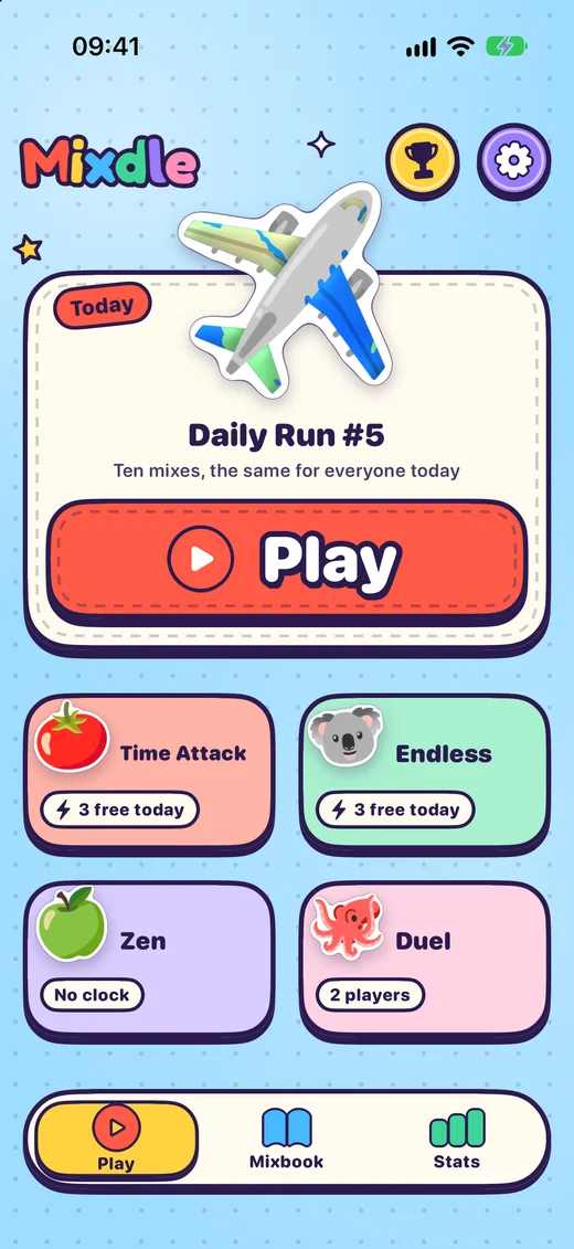 Mixdle home screen with the Daily Run and four modes