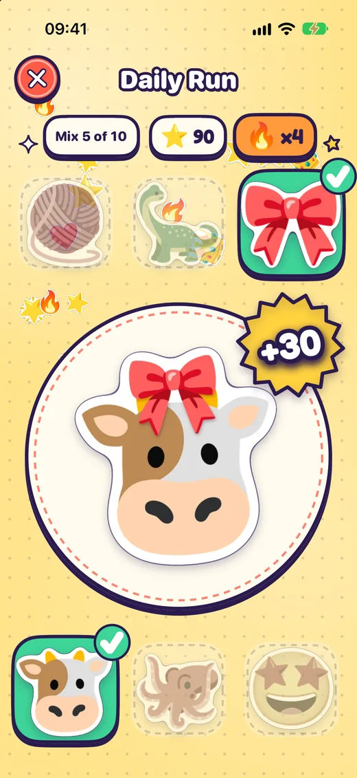 A big cow with a bow mix, six emoji tiles around it