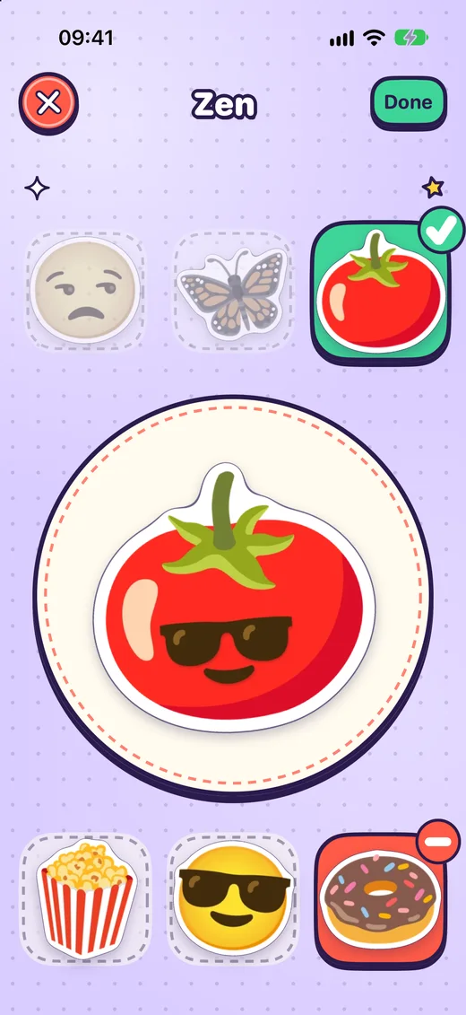 Zen mode showing a tomato mix and a grid of tomato emoji